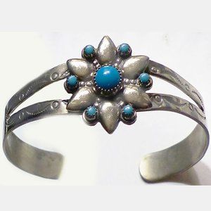 Bell Nickel Silver Flower Cuff Bracelet Blue Stones in Petit Point Settings.